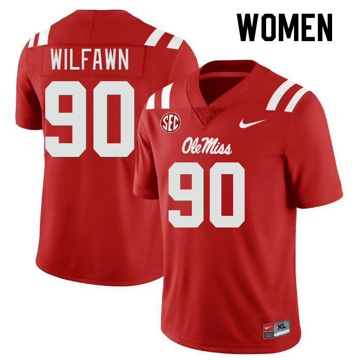 Women #90 Kortlen Wilfawn Ole Miss Rebels College Football Jerseys Stitched-Red